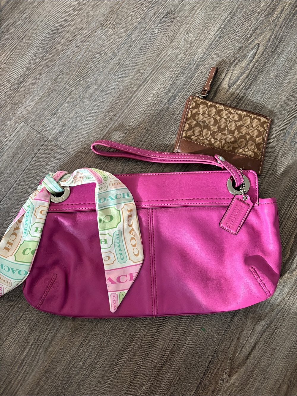 Y2K Coach Hot Pink Leather Wristlet with Logo Scarf Accent